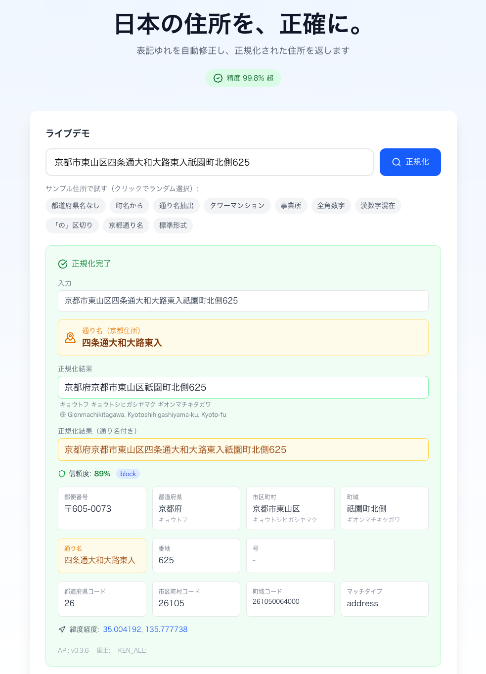 住所正規化APIのライブデモ画面